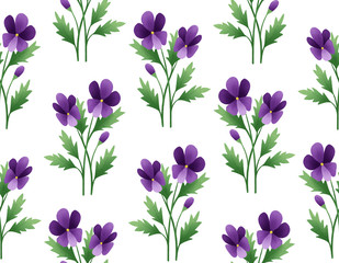 Purple violet spring floral pattern, green leaf flowers