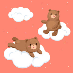 Cute bear on fluffy cloud on orange background. Character design