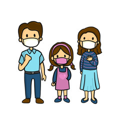 Fototapeta na wymiar Family wearing medical masks to prevent disease, flu, air pollution in hand drawing styles. Family doodle character.