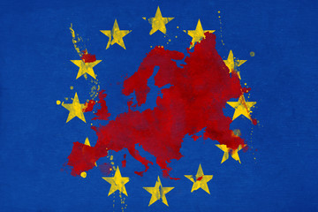 EUROPEAN FLAG WITH THE NATIONS AFFECTED BY THE CORONAVIRUS EPIDEMY PAINTED WITH A BLOODY STYLE TO EMPHASIZE THE GRAVITY OF THE WORLD SITUATION