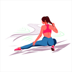 Flat illustration on a white background. Girl does a warm-up on a treadmill.