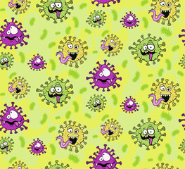  Seamless pattern with coronovirus microbes on a light green background. Stock illustration