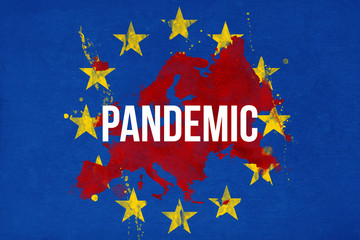 Obraz na płótnie Canvas EUROPEAN FLAG WITH THE NATIONS AFFECTED BY THE CORONAVIRUS EPIDEMY PAINTED WITH A BLOODY STYLE TO EMPHASIZE THE GRAVITY OF THE WORLD SITUATION AND THE TEXT PANDEMIC ON IT