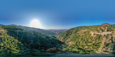 Fototapeta na wymiar 360 degree spherical panorama landscape of Cyprus mountains. Mountain road and colorful forest
