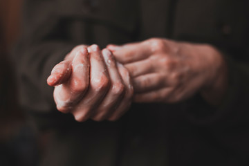 Close-up of hand washing with soap, antiseptic and sanitiser to protect against the virus. Preventive against coronavirus.