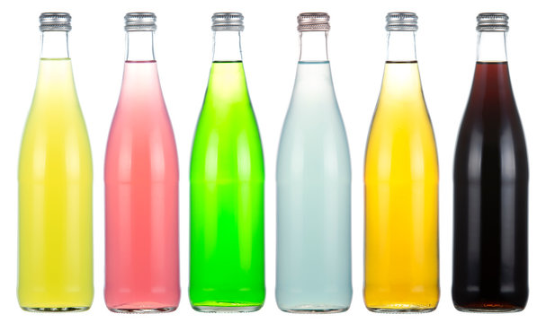 Six bottles of carbonated lemonade in various colors