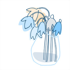 Snowdrop flowers in glass vase. Hand drawn spring background