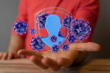 Hologram of coronavirus COVID-2019 on a blue futuristic background. Deadly type of virus 2019-nCoV. 3D models of coronavirus bacteria. Vectonic illustration in HUD style.