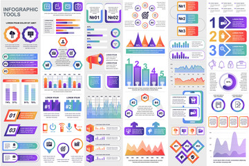 Business infographic modern elements set. Business info visualization bundle for analytics and statistics show. Colorful mosaic diagram, stock and flow charts, line and bar graphs vector illustration.