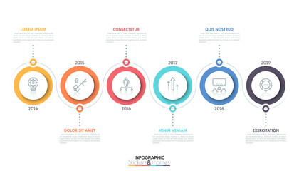 Horizontal timeline with 6 circular elements, thin line icons inside them, year indication and text boxes. Minimal infographic design template.