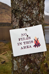 No fires in this area sign with pictorial of fire crossed out. Attached to tree bark at Loch Awe, Scotland. Blurred background.