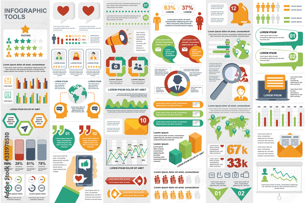Poster Social media network infographic elements set. Social marketing and promotion data visualization templates bundle. Color info graphics diagram, timeline chart, line and bar graph vector illustration.