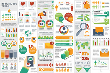Social media network infographic elements set. Social marketing and promotion data visualization templates bundle. Color info graphics diagram, timeline chart, line and bar graph vector illustration.