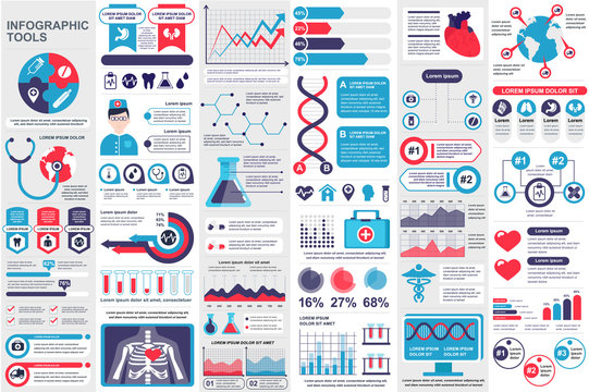 Medical infographic elements set. Healthcare, emergency and pharmacy industry analytics. Data visualization bundle with colorful diagrams and charts vector illustration. Clinical research template.