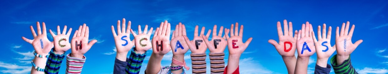 Children Hands Building Colorful German Word Ich Schaffe Das Means I Can Do It. Blue Sky As...