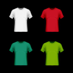 T-shirt template set vector design front view mockup man's clothing. White, red, green, and blue color with realistic shapes.