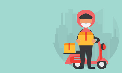 Delivery man with his bike in town background. vector flat design