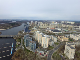 Panoramic view of Kiev at spring (drone image). Kiev, Ukraine