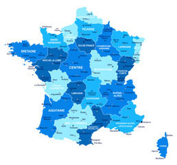 France map. Cities, regions. Vector