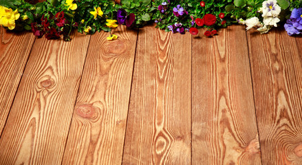 Gardening tools on vintage wooden table - spring. Spring flowers and garden tools on wooden table