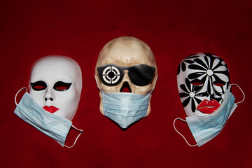 masks in the form of human faces in protective medical masks and without medical masks