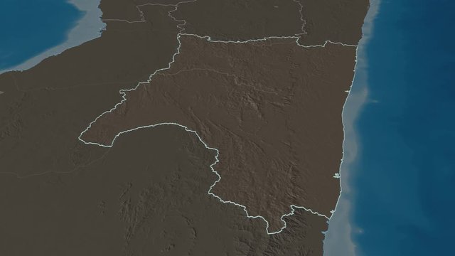 Fianarantsoa, autonomous province with its capital, zoomed and extruded on the administrative map of Madagascar in the conformal Stereographic projection. Animation 3D