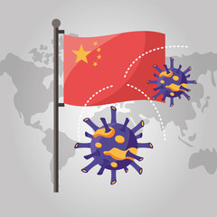 world planet earth with covid 19 particles and china flag