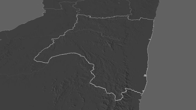 Fianarantsoa, autonomous province with its capital, zoomed and extruded on the bilevel map of Madagascar in the conformal Stereographic projection. Animation 3D