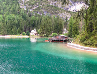 Beautiful landscape of lake Braies (Prager wildsee) in Dolomites in summer time in Italy