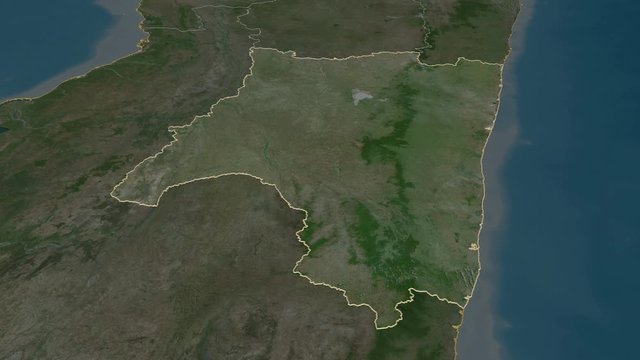 Fianarantsoa, autonomous province with its capital, zoomed and extruded on the satellite map of Madagascar in the conformal Stereographic projection. Animation 3D