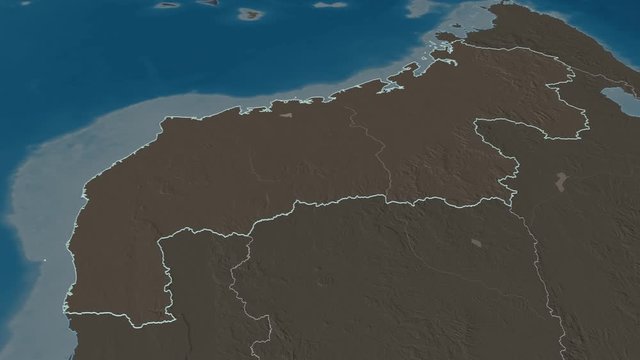 Mahajanga, autonomous province with its capital, zoomed and extruded on the administrative map of Madagascar in the conformal Stereographic projection. Animation 3D