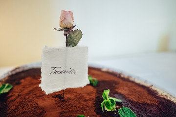 Tiramisu dessert with rose decoration and mint creamy traditional cake