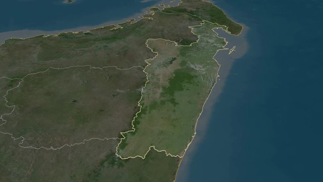Toamasina, autonomous province with its capital, zoomed and extruded on the satellite map of Madagascar in the conformal Stereographic projection. Animation 3D