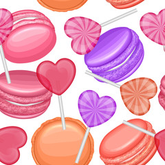 Cute seamless pattern with sweets and french cookies macaroons on white background. Suitable for packaging, fabric or napkins and menus decoration. Vector illustration in cartoon style