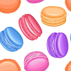 Seamless pattern with multicolored macaroons. French cookies, Pastry sweets collection in cartoon style, vector illustration