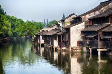 wuzhen china water town boats and buildings