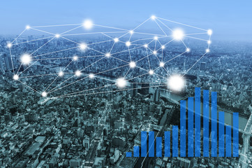 Double exposure network connection on city background.