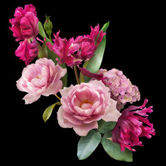 Pink roses and magenta tulips isolated on black background. Floral arrangement, bouquet of garden flowers. Can be used for invitations, greeting, wedding card.