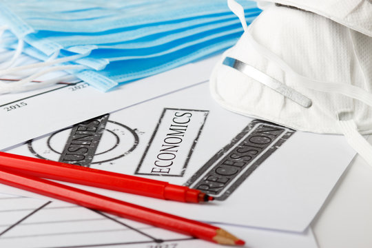 Protective masks and different financial terms, signs and symbols