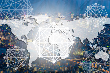 Double exposure global concept of business and technology network on city background. element of this image furnished by NASA.