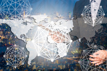 Double exposure digital networking technology on Money and financial city background. Concept of future business trend.  element of this images furnished by NASA.