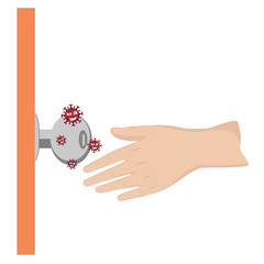 The virus lives on the doorknob and humans are reaching out to catch the doorknob.  Flat Design Vector