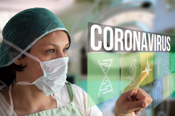 Coronavirus Covid-19 concept image with doctor woman using futuristic touch monitor interface with text and icons with surgery operating room on background looking for vaccine with mask on her face