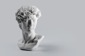 Gypsum statue of David's head. Michelangelo's David statue plaster copy on grey background with copyspace for text. Ancient greek sculpture, statue of hero - obrazy, fototapety, plakaty