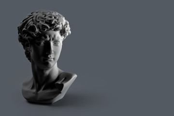 Gypsum statue of David's head. Michelangelo's David statue plaster copy on dark grey background...
