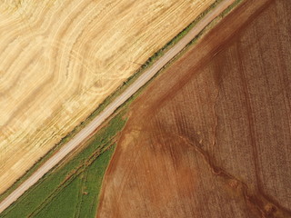 Aerial image taken with drone of crops one with plants, with exposed soil and no-till soil