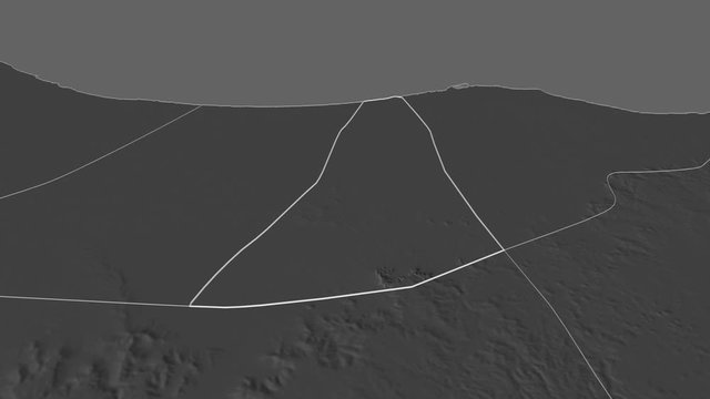 Al Jifarah, district with its capital, zoomed and extruded on the bilevel map of Libya in the conformal Stereographic projection. Animation 3D