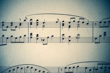 Music piano sheet closeup shot, grungy post processing