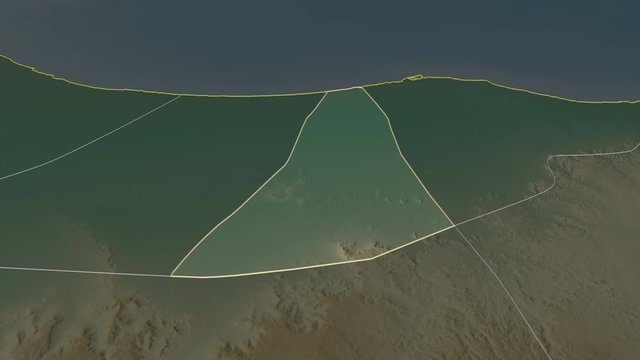 Al Jifarah, district with its capital, zoomed and extruded on the relief map of Libya in the conformal Stereographic projection. Animation 3D