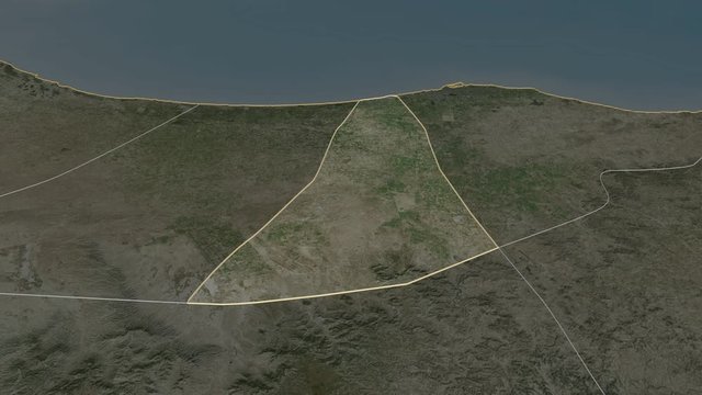 Al Jifarah, district with its capital, zoomed and extruded on the satellite map of Libya in the conformal Stereographic projection. Animation 3D